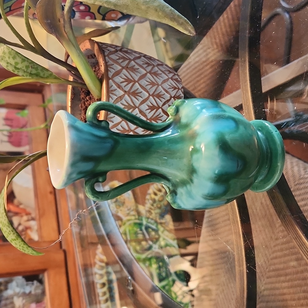 Vintage 1964 Hand Painted Ceramic Teal Blue and Green Bud Vase - Picture 3 of 6